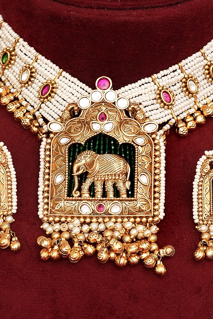 Gold Finish Multi-Colored Kundan Polki & Peacock Motifs Necklace Set by Beryachi at Pernia's Pop Up Shop
