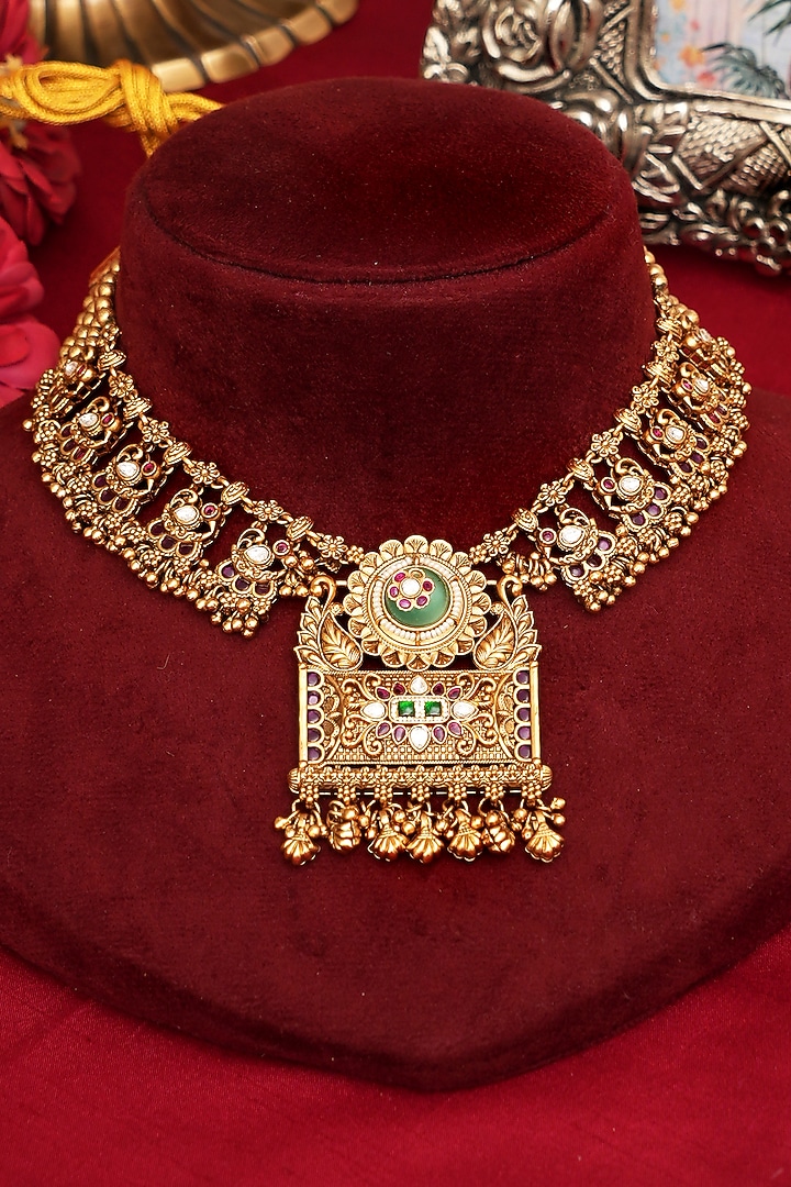 Gold Finish Multi-Colored Kundan Polki Necklace Set by Beryachi at Pernia's Pop Up Shop