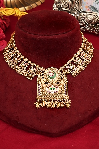 Gold Finish Multi-Colored Kundan Polki Necklace Set by Beryachi