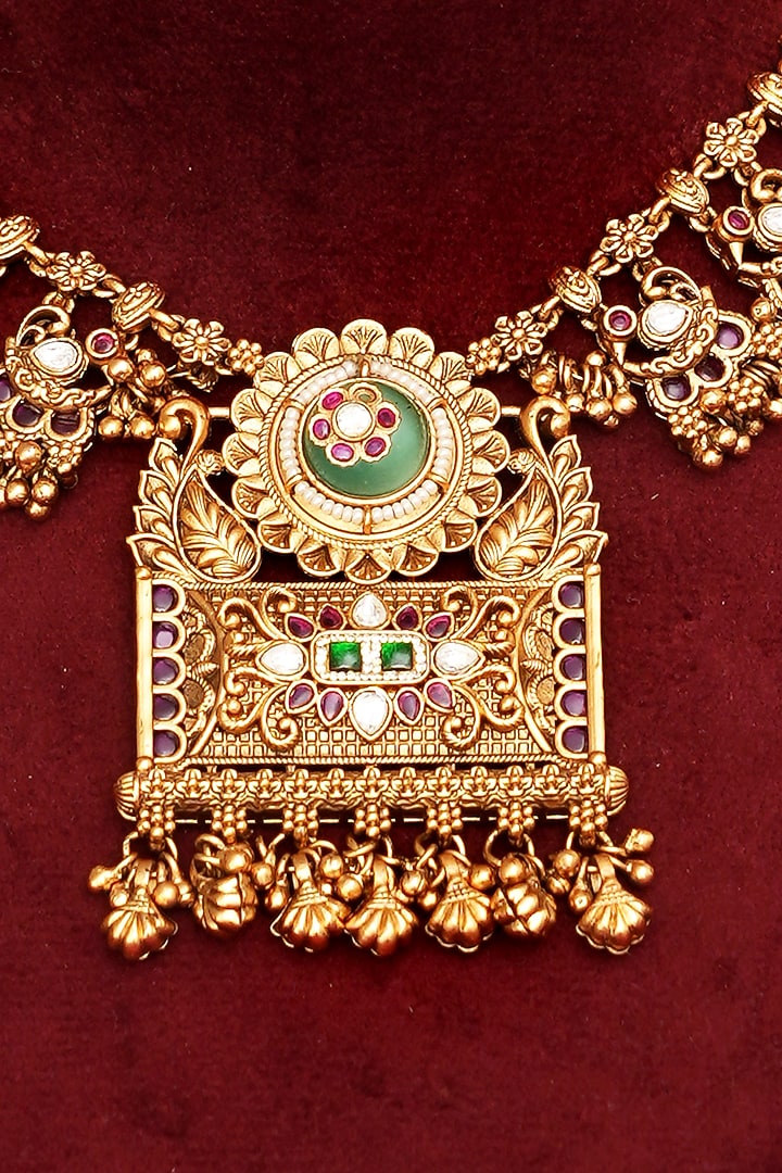 Gold Finish Multi-Colored Kundan Polki Necklace Set by Beryachi at Pernia's Pop Up Shop