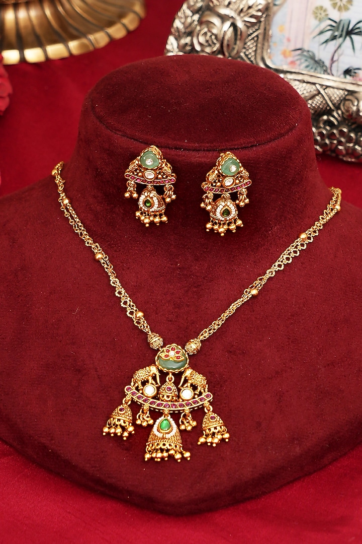 Gold Finish Multi-Colored Kundan Polki Pendant Necklace Set by Beryachi at Pernia's Pop Up Shop