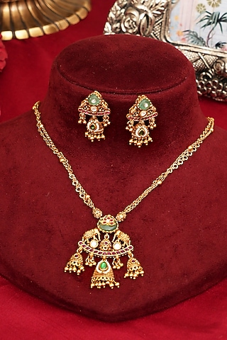 Gold Finish Multi-Colored Kundan Polki Pendant Necklace Set by Beryachi