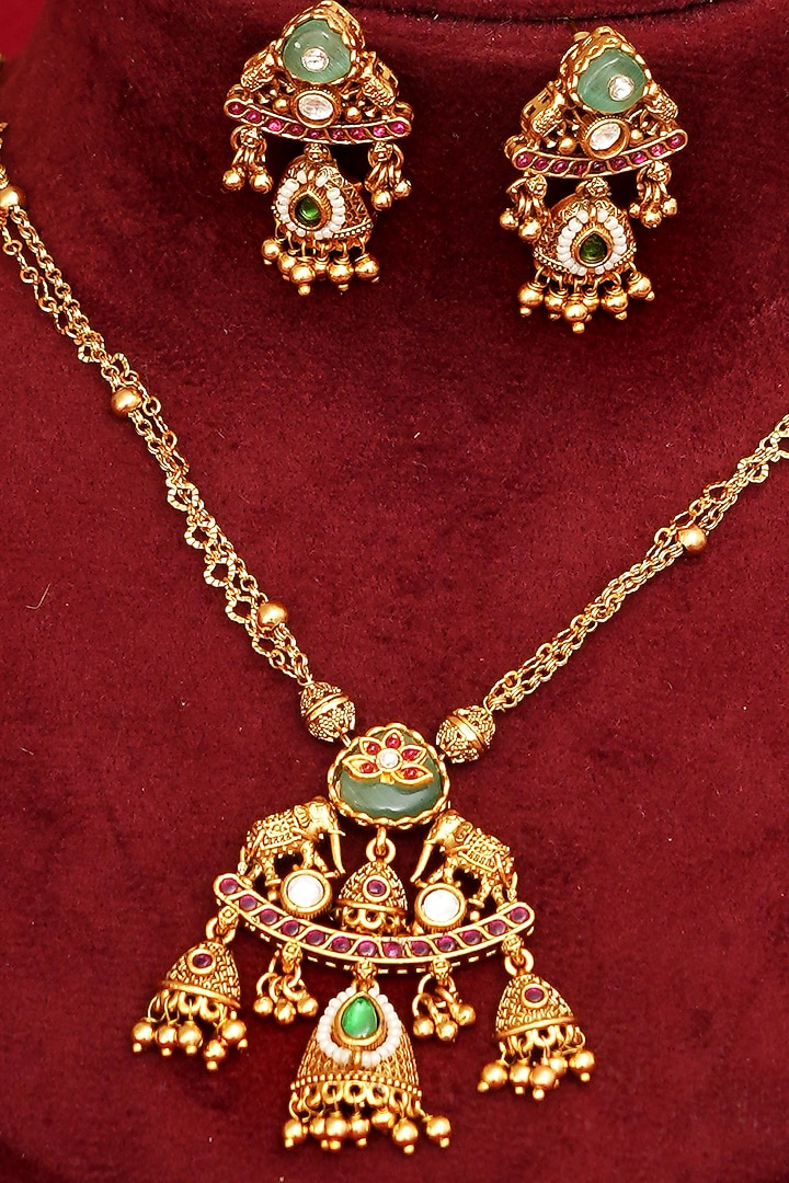 Gold Finish Multi-Colored Kundan Polki Pendant Necklace Set by Beryachi at Pernia's Pop Up Shop