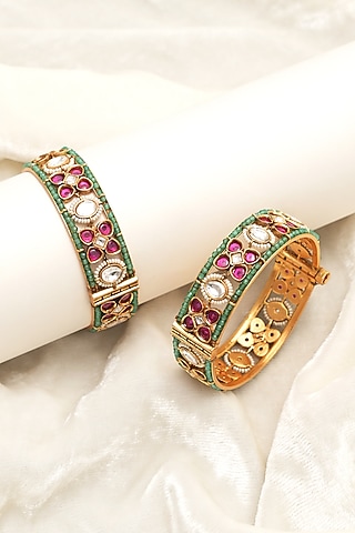 Gold Finish Multi-Colored Kundan Polki Openable Bangles (Set Of 2) by Beryachi