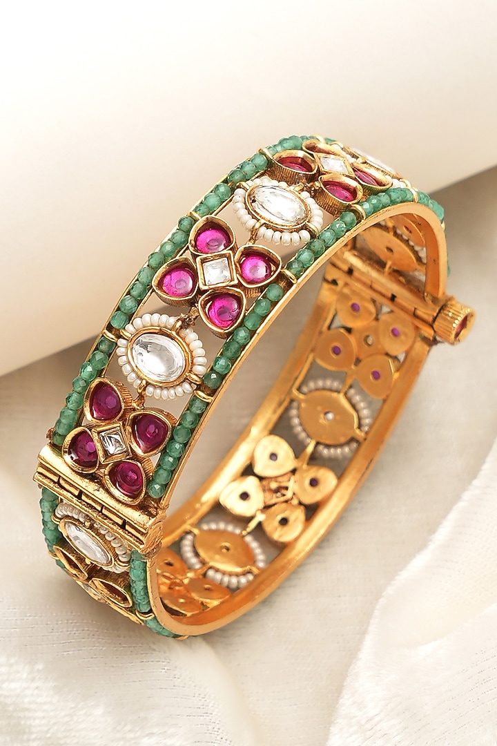 Gold Finish Multi-Colored Kundan Polki Openable Bangles (Set Of 2) by Beryachi at Pernia's Pop Up Shop