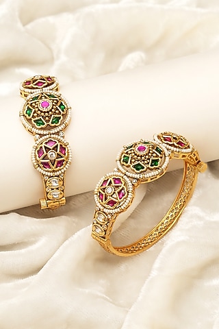 Gold Finish Multi-Colored Kundan Polki Openable Bangles (Set Of 2) by Beryachi