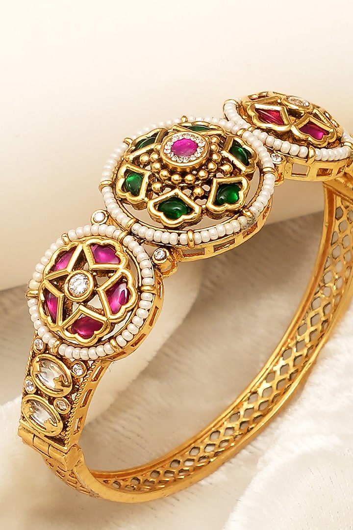 Gold Finish Multi-Colored Kundan Polki Openable Bangles (Set Of 2) by Beryachi at Pernia's Pop Up Shop