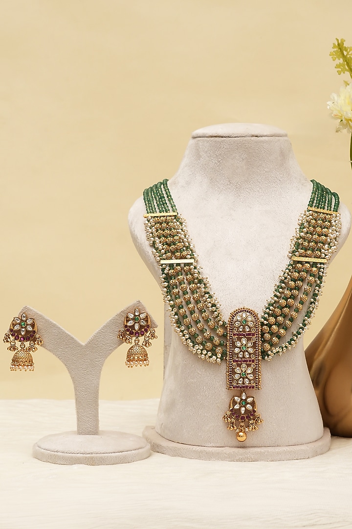 Antique Gold Finish Multi-Colored Kundan Polki Long Necklace Set by Beryachi at Pernia's Pop Up Shop
