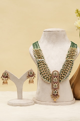 Antique Gold Finish Multi-Colored Kundan Polki Long Necklace Set by Beryachi