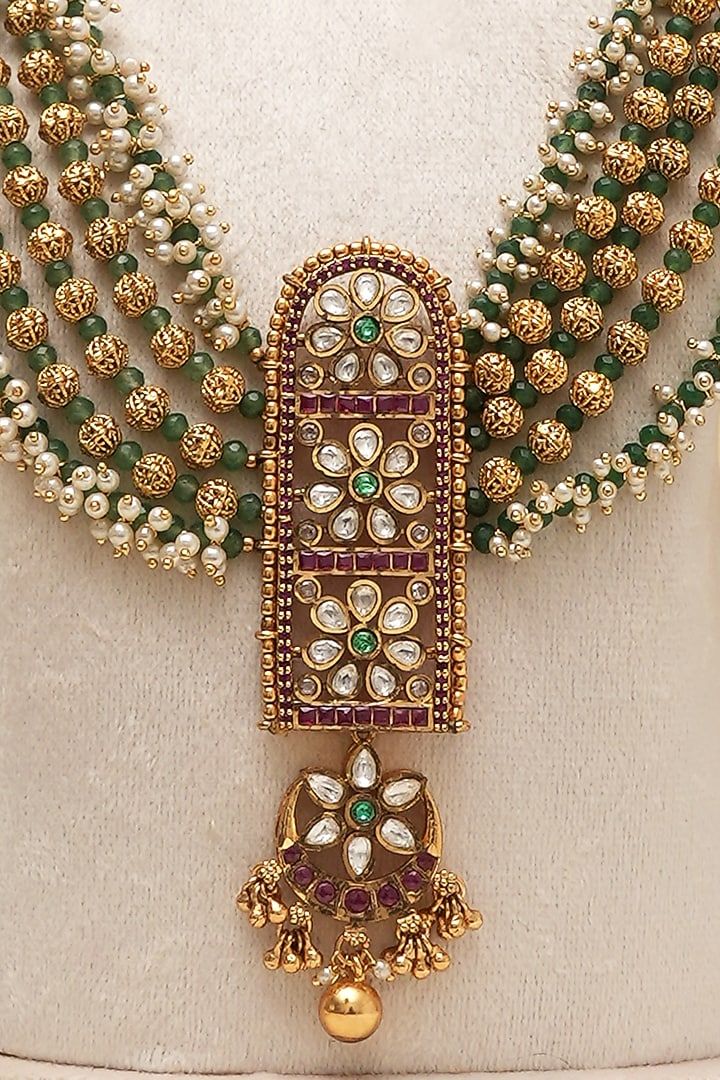 Antique Gold Finish Multi-Colored Kundan Polki Long Necklace Set by Beryachi at Pernia's Pop Up Shop