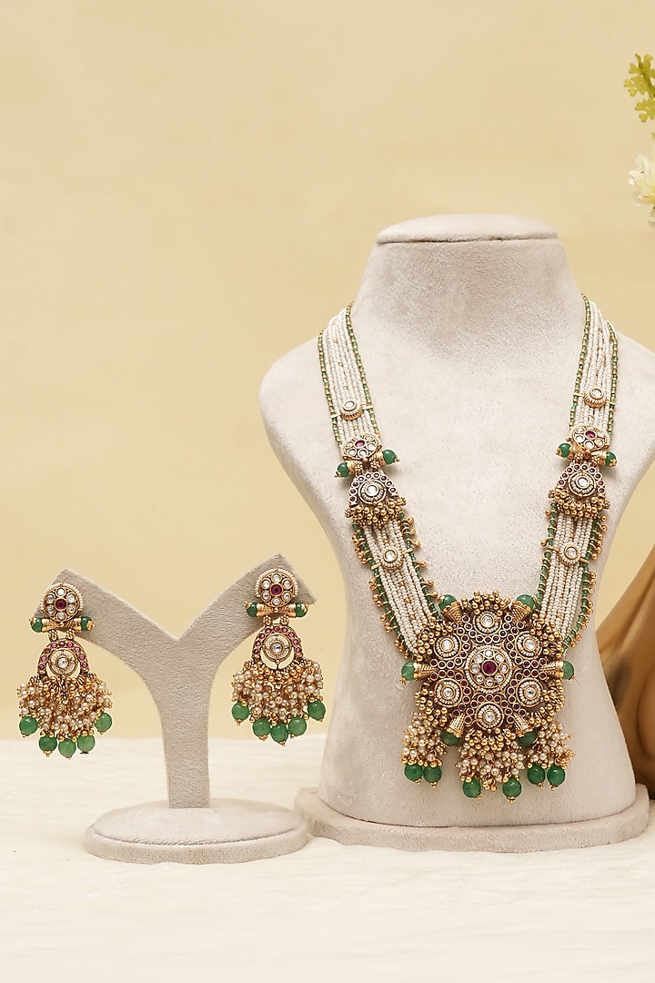 Antique Gold Finish Multi-Colored Kundan Polki Long Necklace Set by Beryachi at Pernia's Pop Up Shop