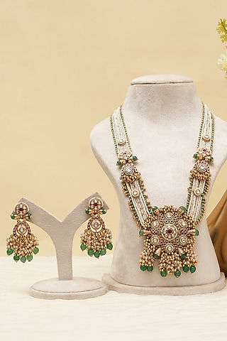 Antique Gold Finish Multi-Colored Kundan Polki Long Necklace Set by Beryachi