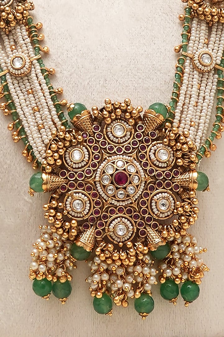 Antique Gold Finish Multi-Colored Kundan Polki Long Necklace Set by Beryachi at Pernia's Pop Up Shop