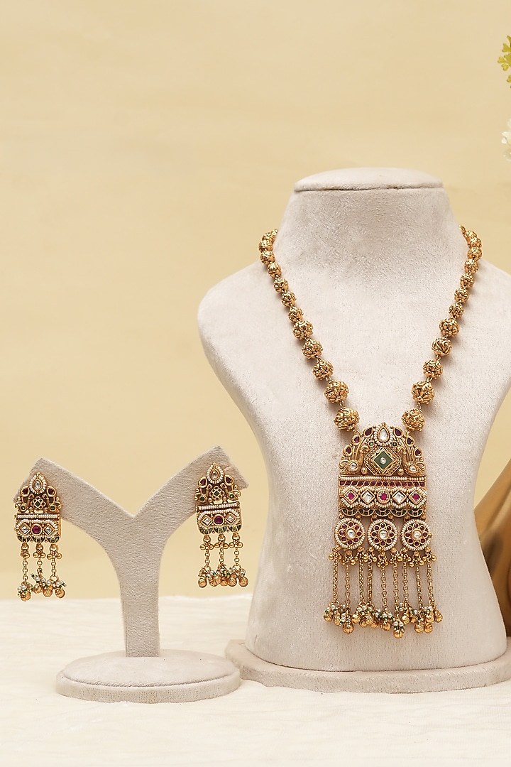 Antique Gold Finish Multi-Colored Kundan Polki Long Necklace Set by Beryachi at Pernia's Pop Up Shop