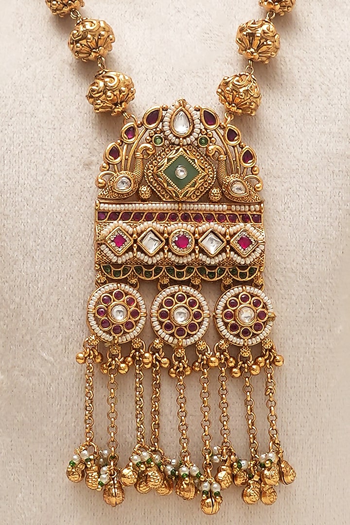 Antique Gold Finish Multi-Colored Kundan Polki Long Necklace Set by Beryachi at Pernia's Pop Up Shop