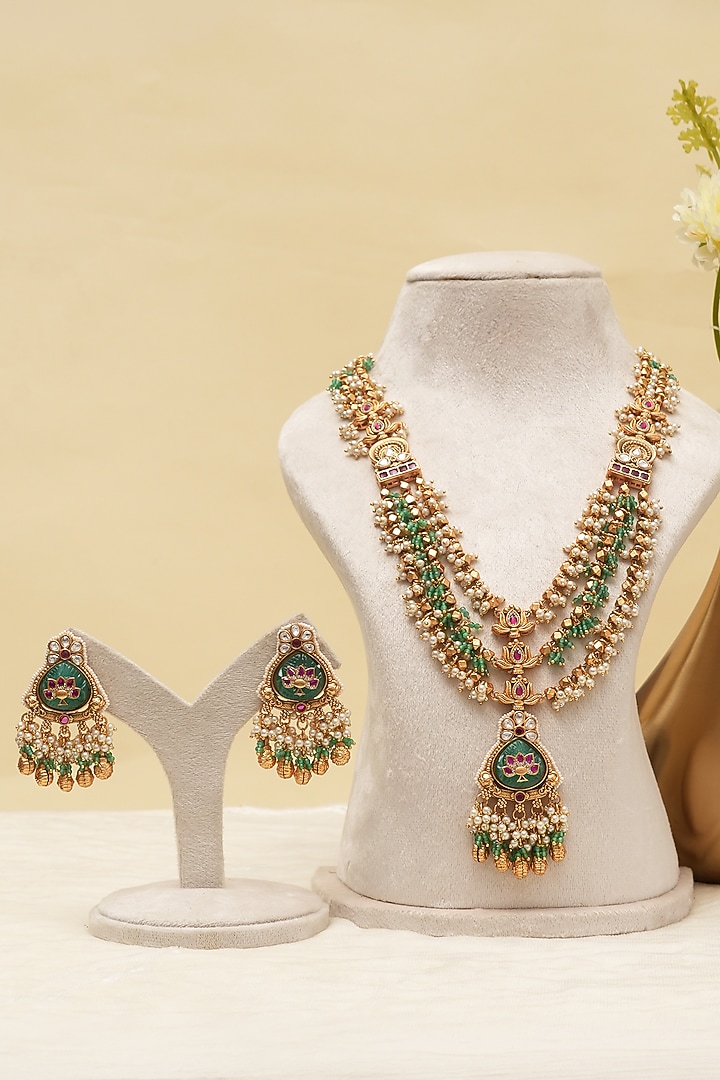 Antique Gold Finish Multi-Colored Kundan Polki Long Necklace Set by Beryachi at Pernia's Pop Up Shop