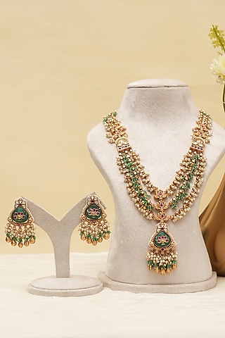 Antique Gold Finish Multi-Colored Kundan Polki Long Necklace Set by Beryachi