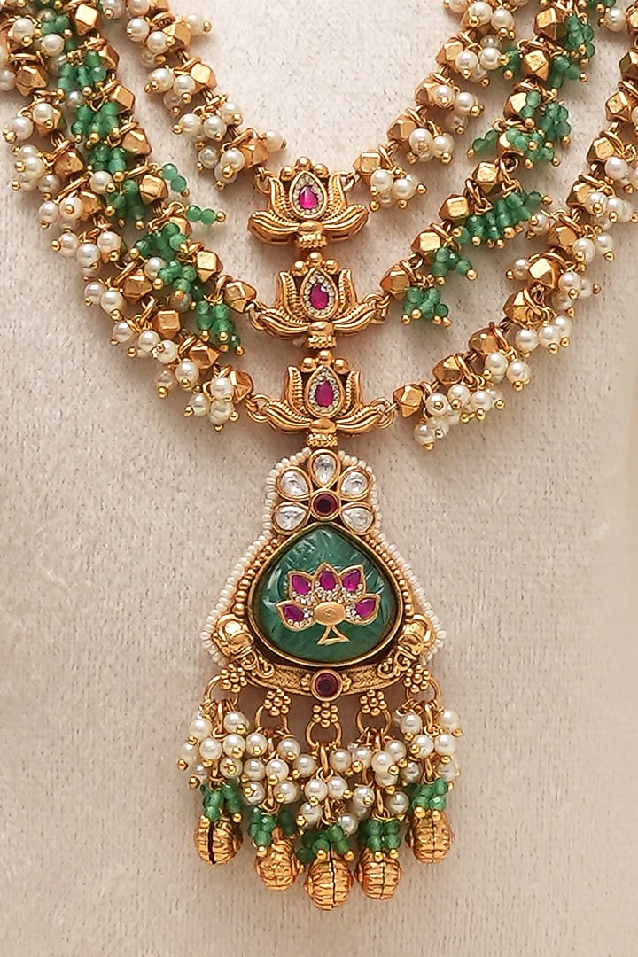 Antique Gold Finish Multi-Colored Kundan Polki Long Necklace Set by Beryachi at Pernia's Pop Up Shop