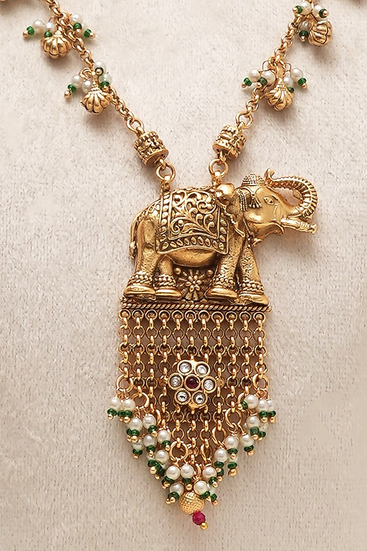 Antique Gold Finish Multi-Colored Kundan Polk & Elephant Motif Long Necklace Set by Beryachi at Pernia's Pop Up Shop