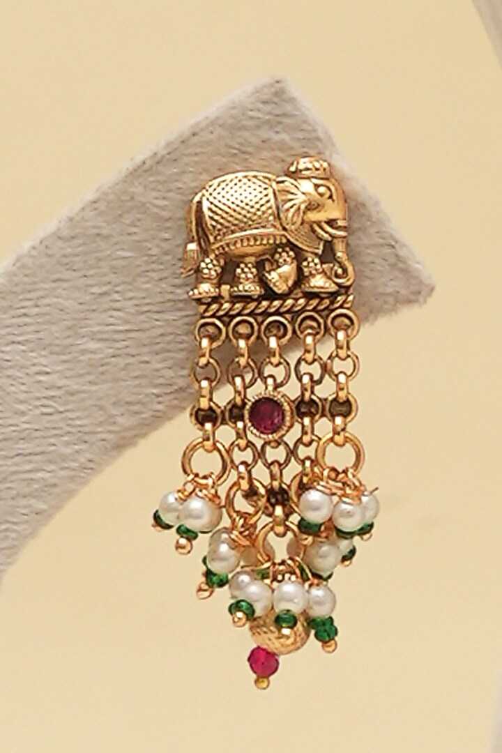 Antique Gold Finish Multi-Colored Kundan Polk & Elephant Motif Long Necklace Set by Beryachi at Pernia's Pop Up Shop