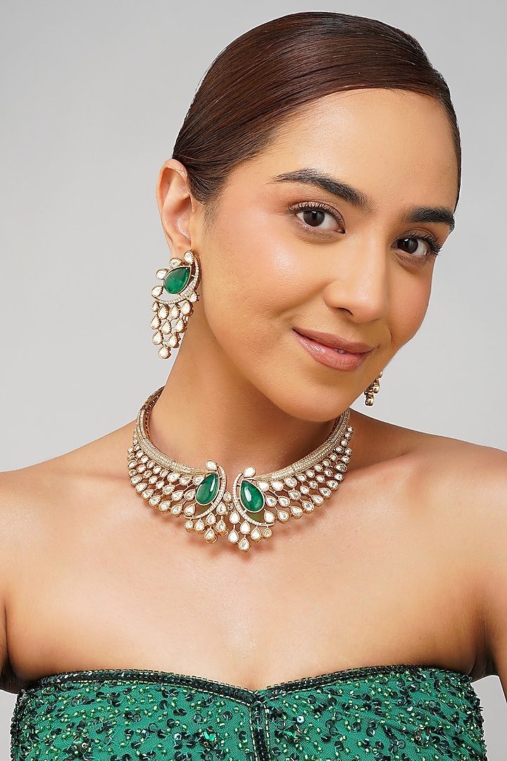 Gold Finish Kundan Polki & Doublet Stone Necklace Set by Beryachi at Pernia's Pop Up Shop