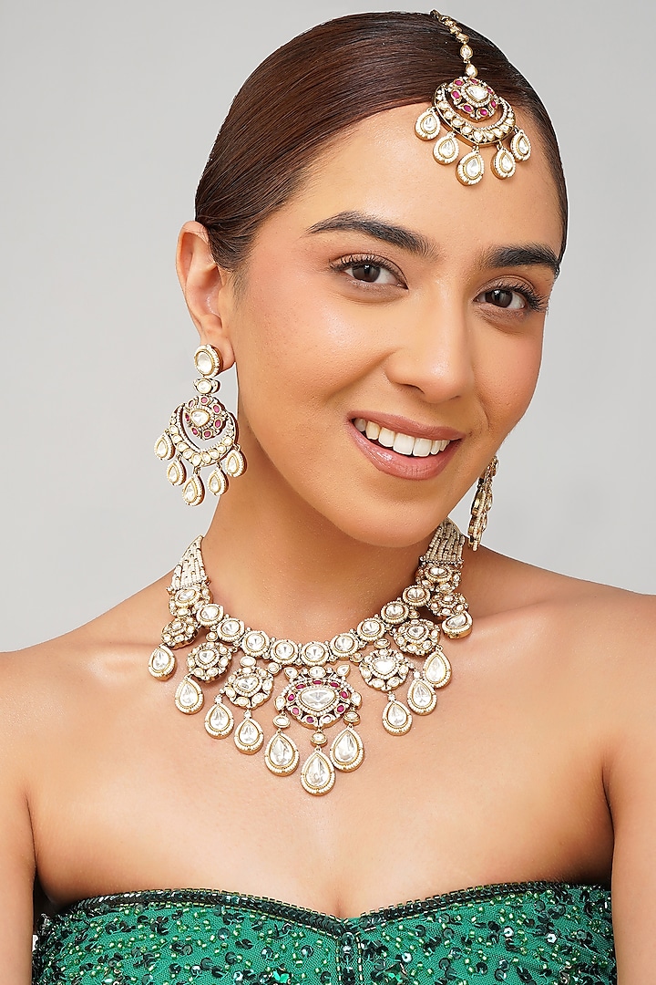 Gold Finish Kundan Polki Necklace Set by Beryachi at Pernia's Pop Up Shop