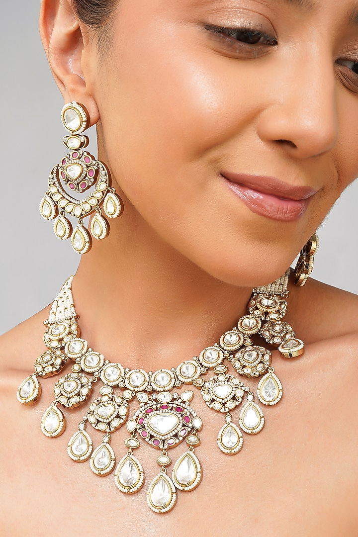 Gold Finish Kundan Polki Necklace Set by Beryachi at Pernia's Pop Up Shop