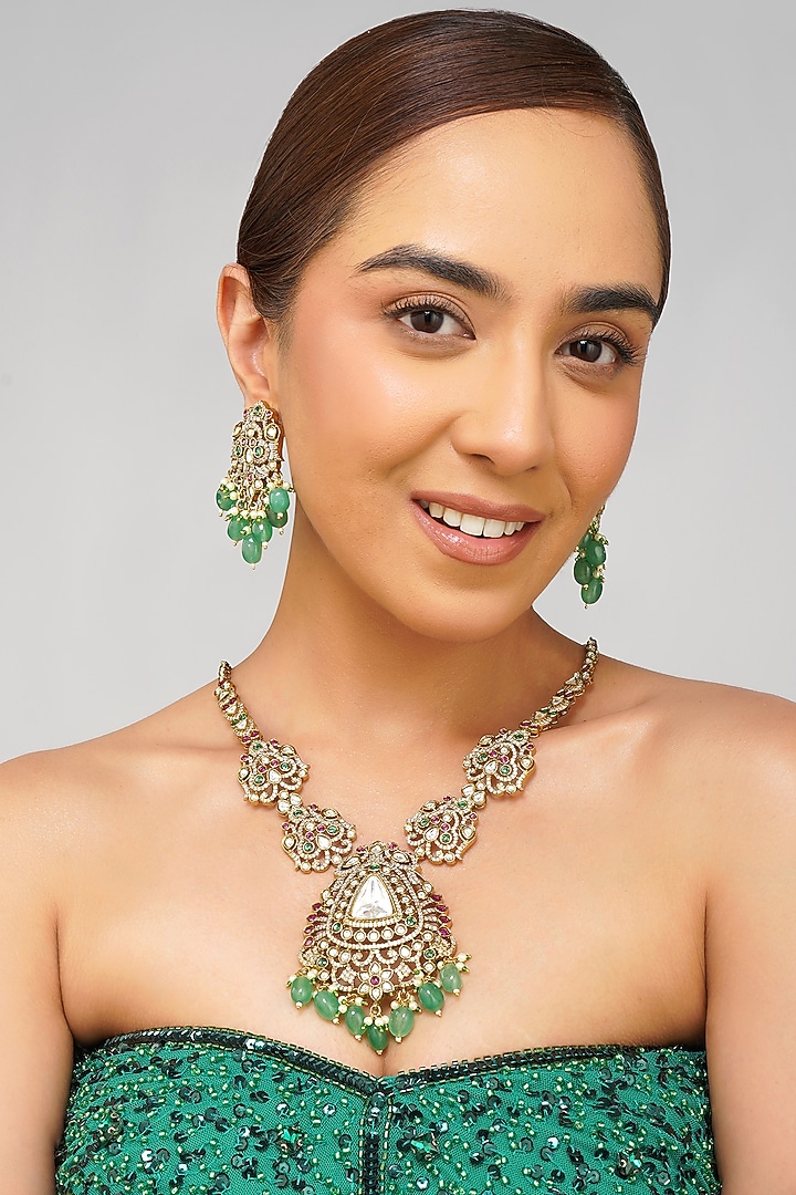 Gold Finish Multi-Colored Kundan Polki Necklace Set by Beryachi at Pernia's Pop Up Shop