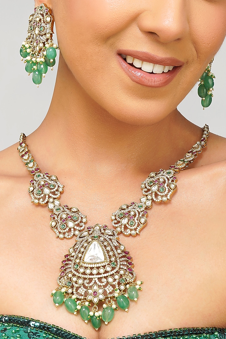 Gold Finish Multi-Colored Kundan Polki Necklace Set by Beryachi at Pernia's Pop Up Shop