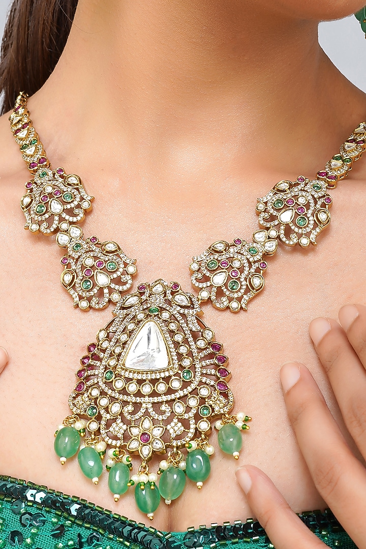 Gold Finish Multi-Colored Kundan Polki Necklace Set by Beryachi at Pernia's Pop Up Shop