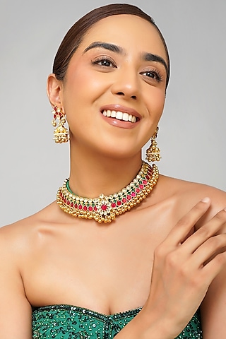 Gold Plated Pachi Kundan Polki Choker Necklace Set by Beryachi