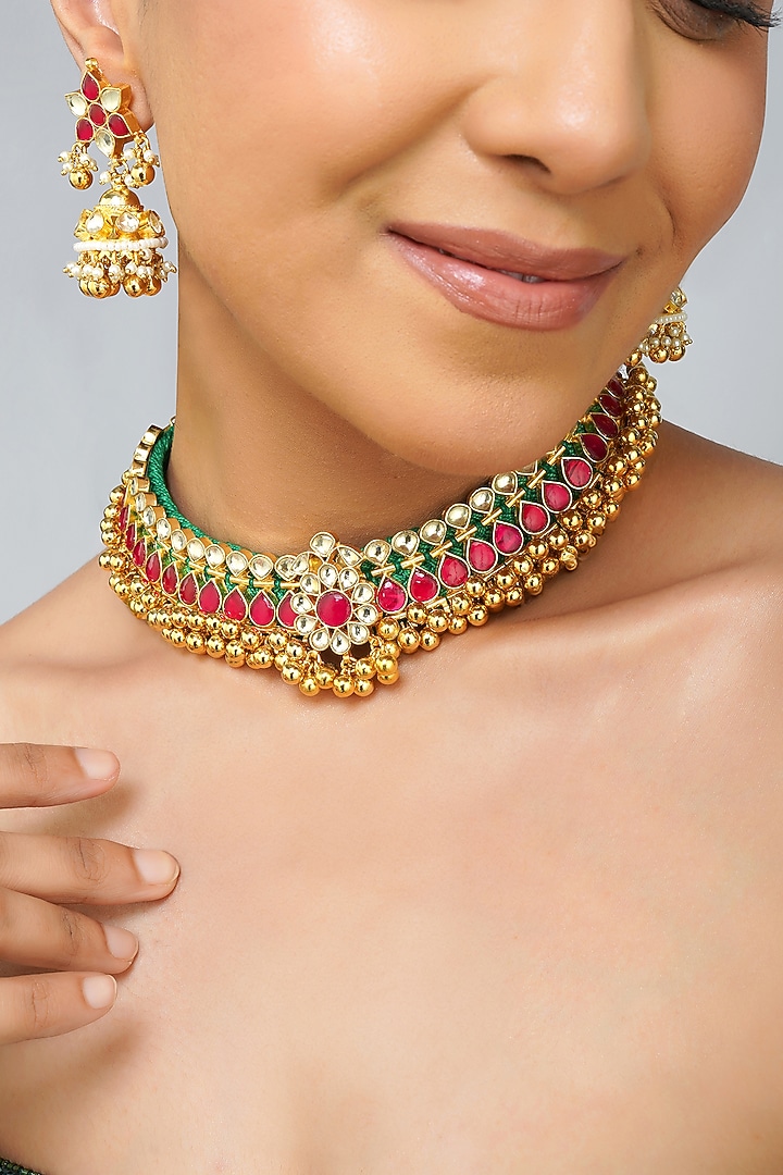 Gold Plated Pachi Kundan Polki Choker Necklace Set by Beryachi at Pernia's Pop Up Shop