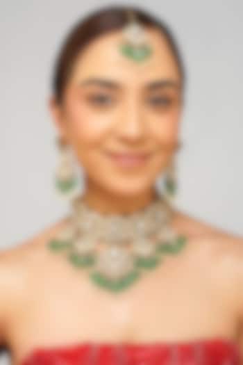 Gold Plated Kundan Polki & Emerald Green Pearl Necklace Set by Beryachi at Pernia's Pop Up Shop