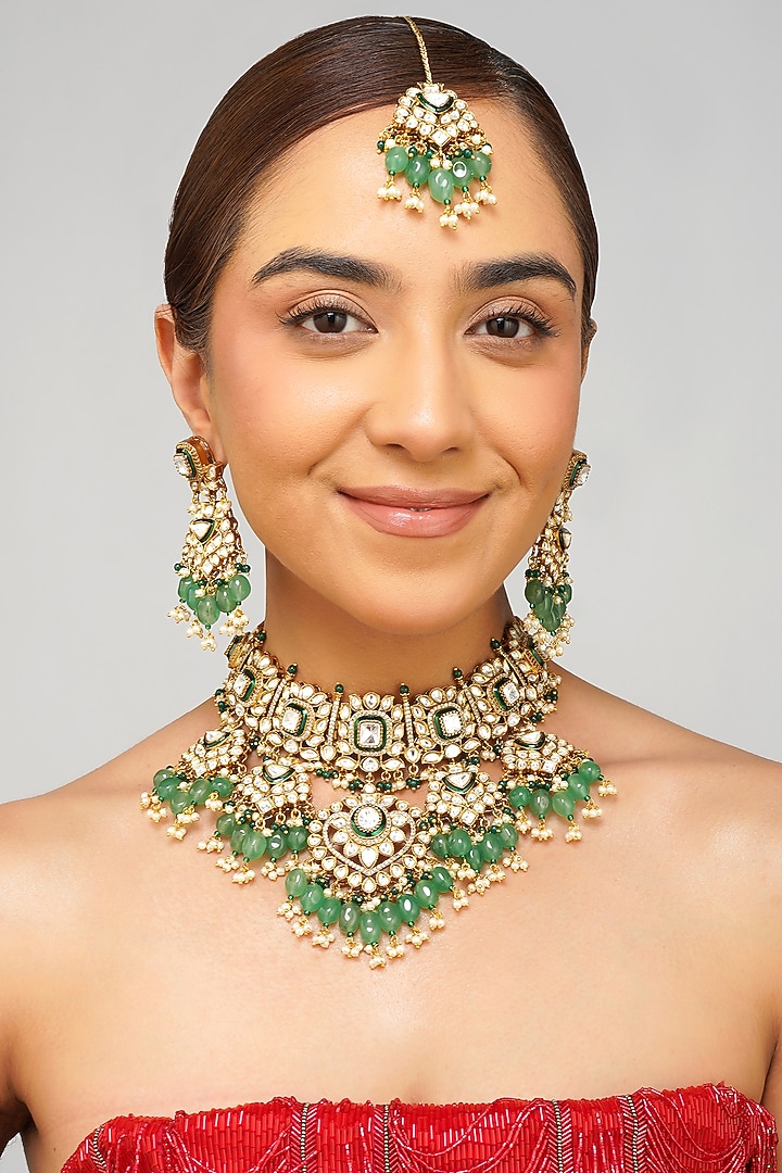Gold Plated Kundan Polki & Emerald Green Pearl Necklace Set by Beryachi at Pernia's Pop Up Shop