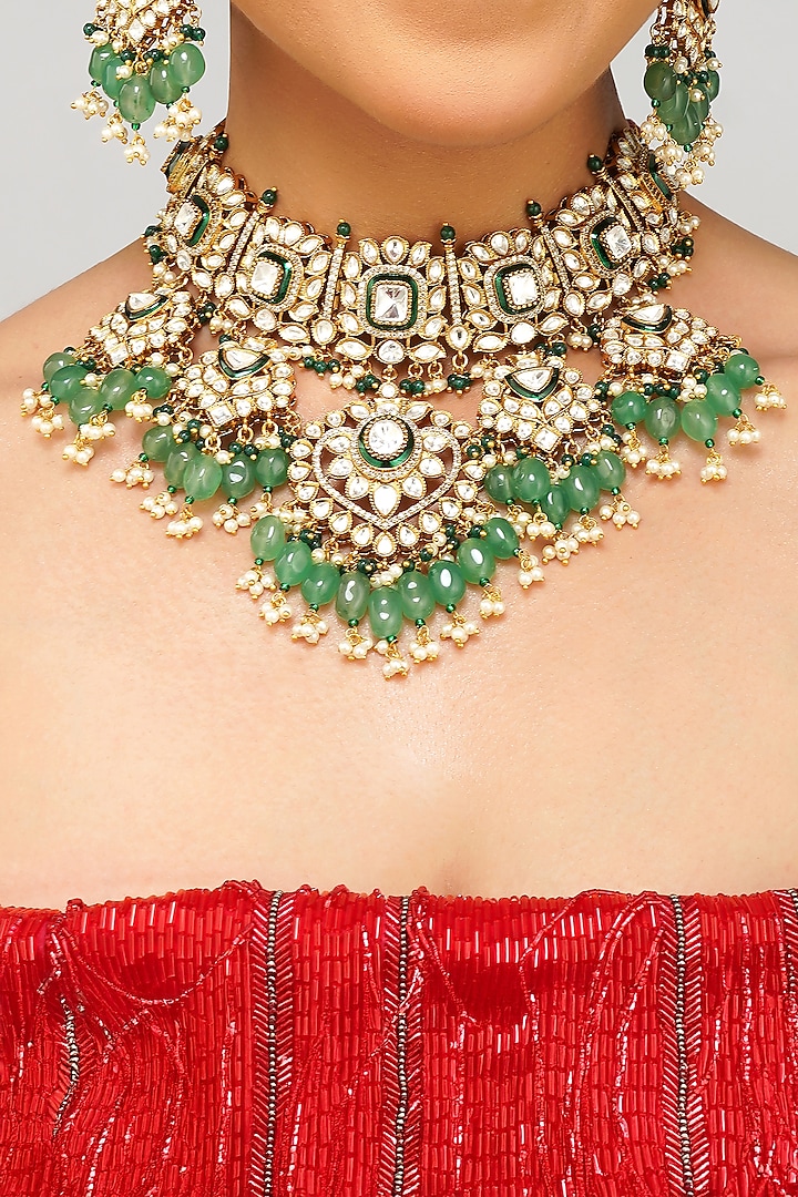 Gold Plated Kundan Polki & Emerald Green Pearl Necklace Set by Beryachi at Pernia's Pop Up Shop