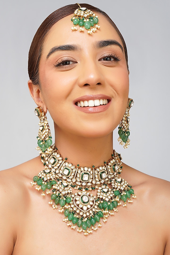 Gold Plated Kundan Polki & Emerald Green Pearl Necklace Set by Beryachi at Pernia's Pop Up Shop