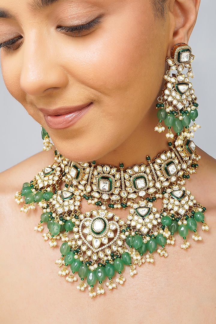 Gold Plated Kundan Polki & Emerald Green Pearl Necklace Set by Beryachi at Pernia's Pop Up Shop