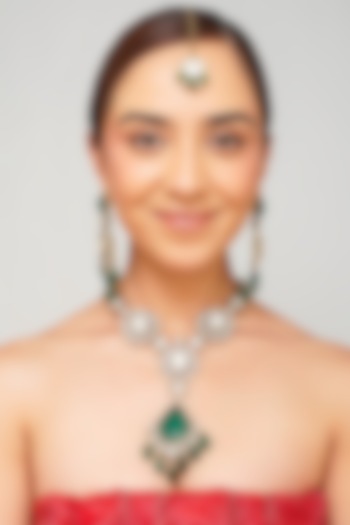 Gold Plated Kundan Polki & Emerald Green Pearl Long Necklace Set by Beryachi at Pernia's Pop Up Shop