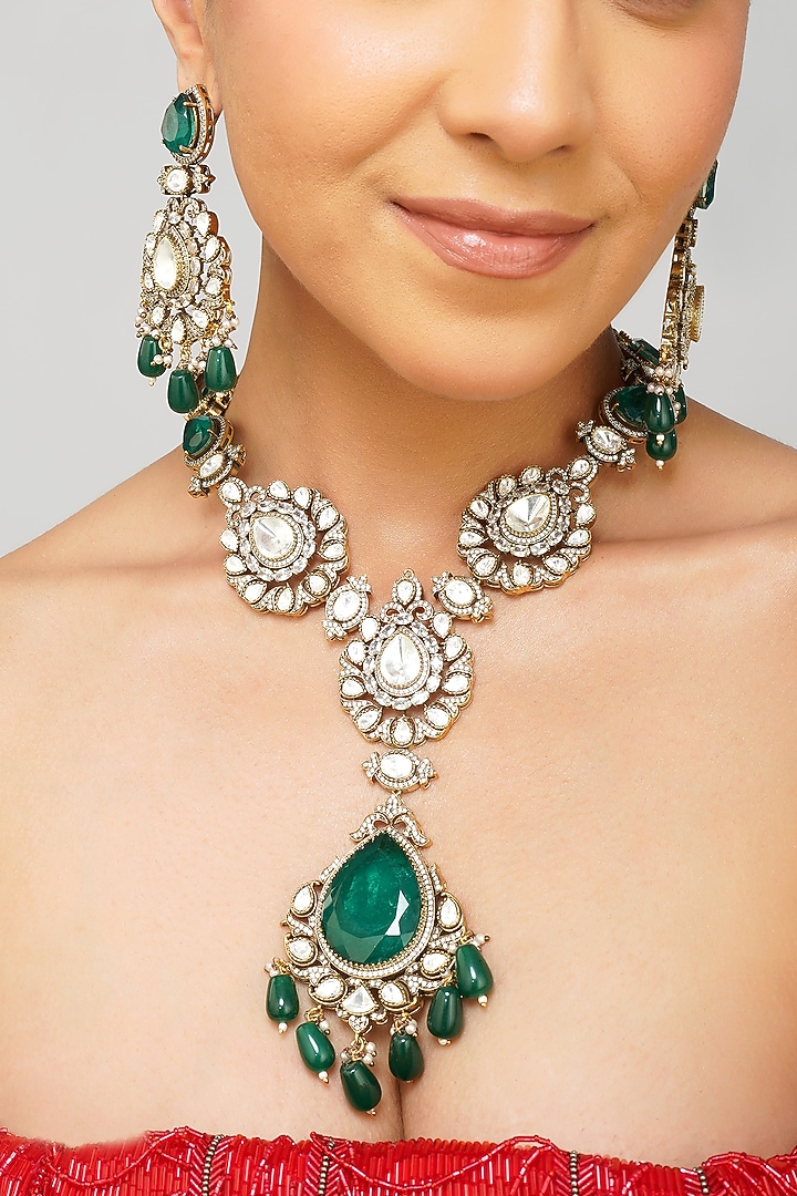 Gold Plated Kundan Polki & Emerald Green Pearl Long Necklace Set by Beryachi at Pernia's Pop Up Shop