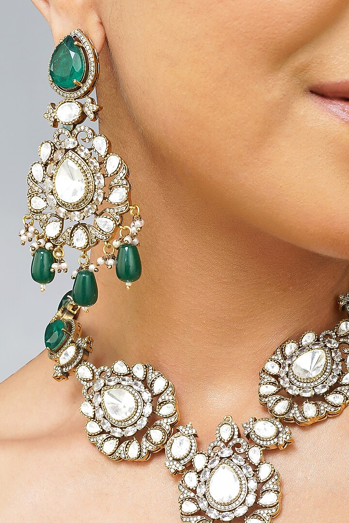 Gold Plated Kundan Polki & Emerald Green Pearl Long Necklace Set by Beryachi at Pernia's Pop Up Shop