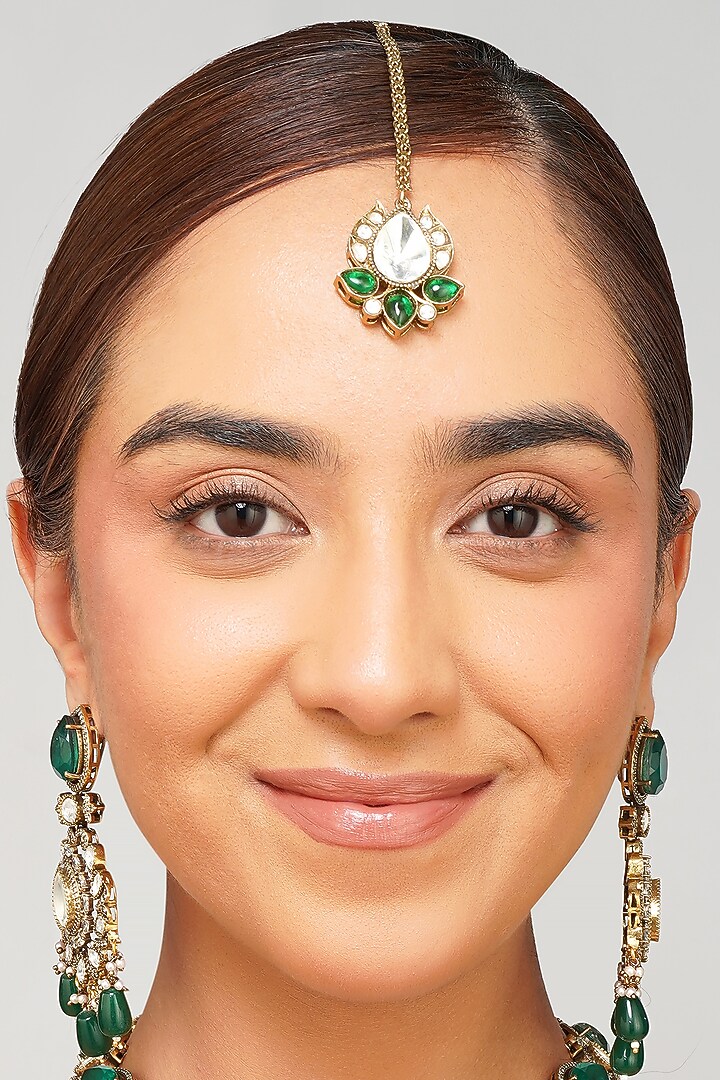 Gold Plated Kundan Polki & Emerald Green Pearl Long Necklace Set by Beryachi at Pernia's Pop Up Shop