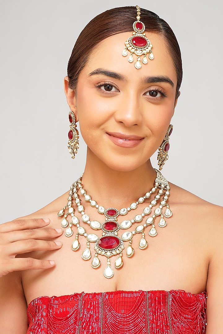 Gold Plated Kundan Polki & Ruby Doublet Layered Necklace Set by Beryachi at Pernia's Pop Up Shop