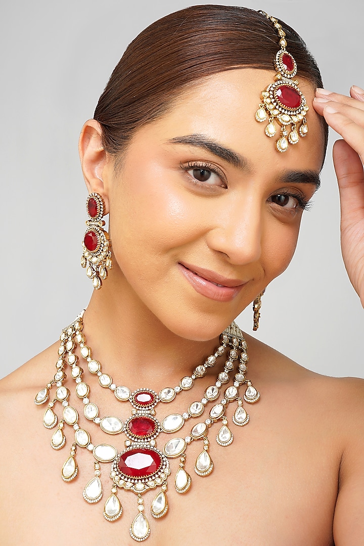 Gold Plated Kundan Polki & Ruby Doublet Layered Necklace Set by Beryachi at Pernia's Pop Up Shop