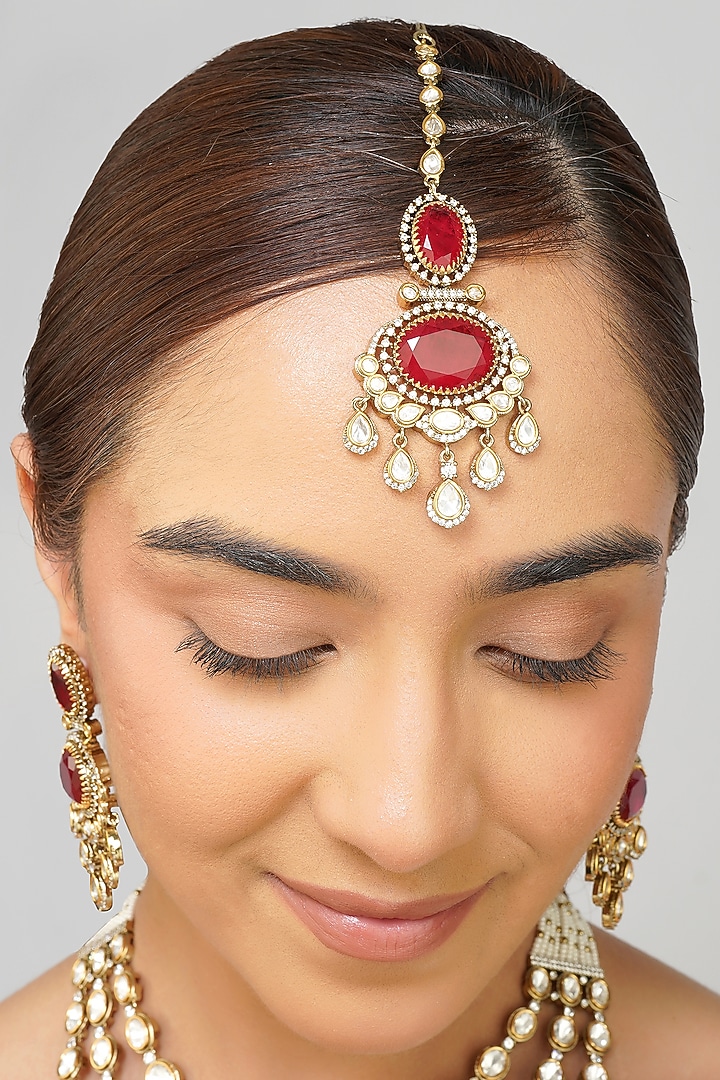 Gold Plated Kundan Polki & Ruby Doublet Layered Necklace Set by Beryachi at Pernia's Pop Up Shop
