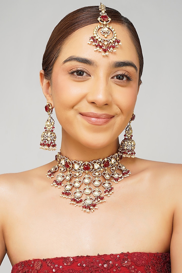 Gold Plated Kundan Polki & Ruby Doublet Layered Necklace Set by Beryachi at Pernia's Pop Up Shop
