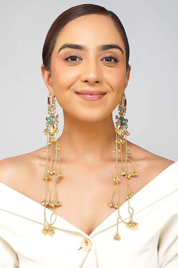 Gold Finish Kundan Polki Dangler Earrings by Beryachi at Pernia's Pop Up Shop
