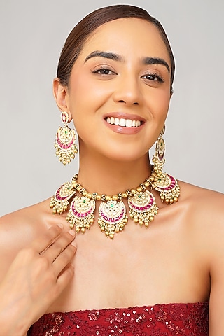 Gold Plated Multi-Colored Pachi Kundan Polki Necklace Set by Beryachi