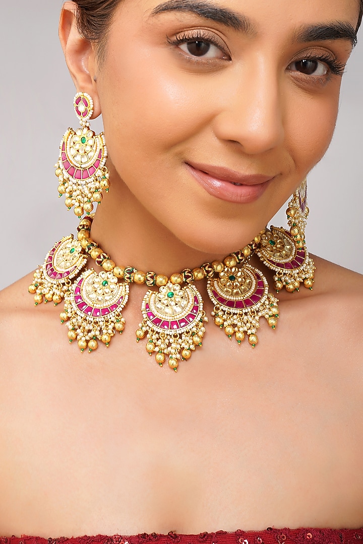 Gold Plated Multi-Colored Pachi Kundan Polki Necklace Set by Beryachi at Pernia's Pop Up Shop
