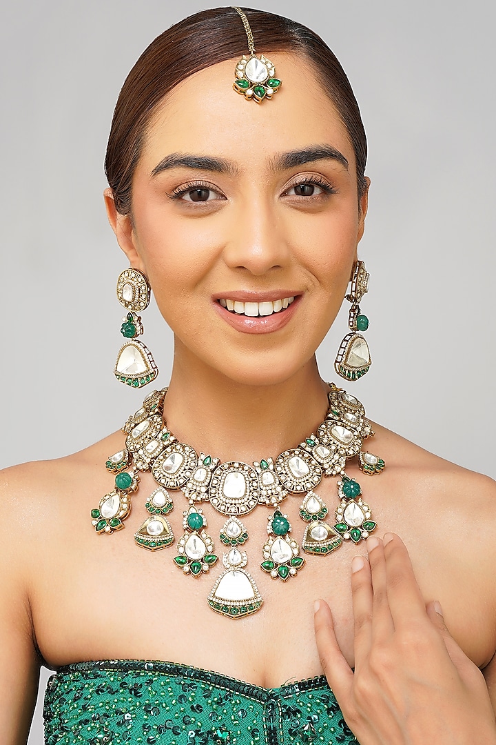 Gold Plated Kundan Polki & Emerald Green Pearl Necklace Set by Beryachi at Pernia's Pop Up Shop