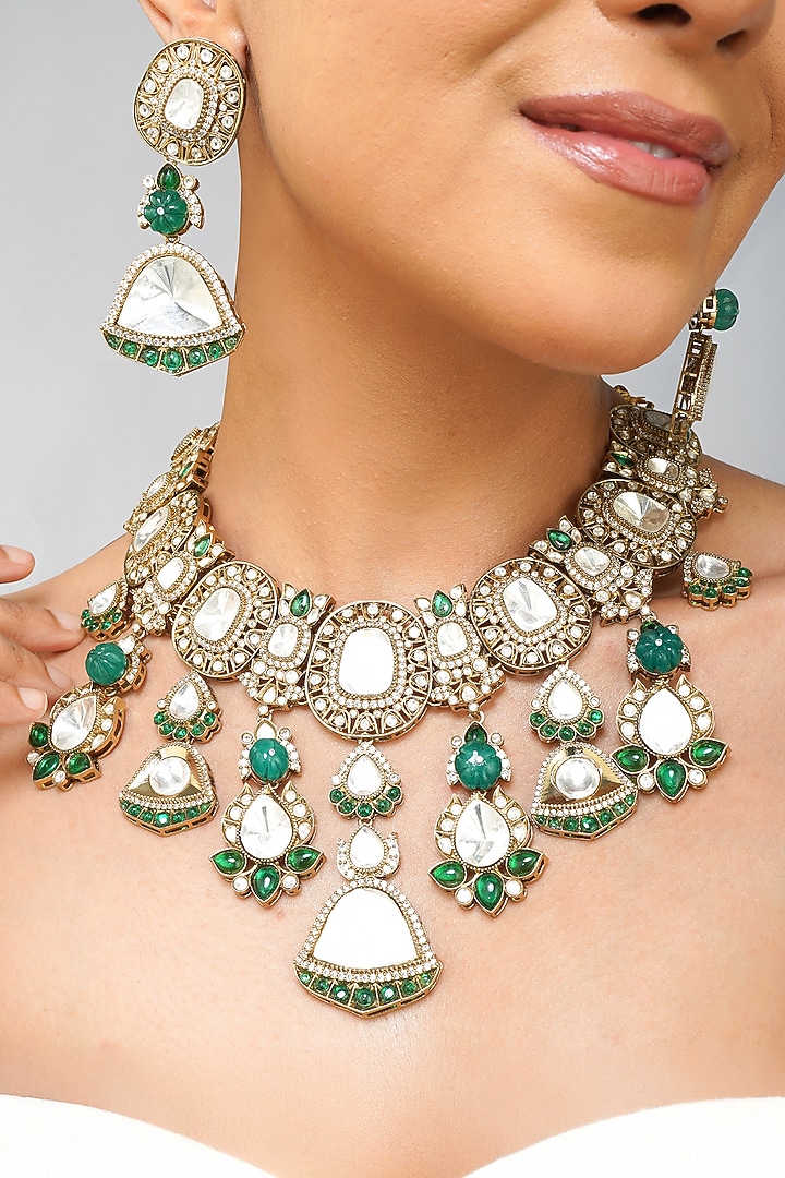 Gold Plated Kundan Polki & Emerald Green Pearl Necklace Set by Beryachi at Pernia's Pop Up Shop